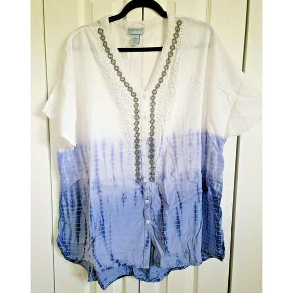 Catherine's Women's Plus Size 1X Blue White Blouse Short Sleeve Gradient - Picture 1 of 6